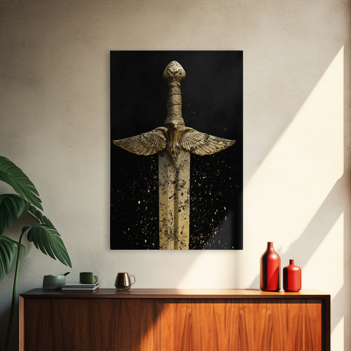 Golden Eagle Sword Canvas Gold Art – Ornate Medieval Blade with Spreading Wings, Real Wood Frame Warrior Home Décor