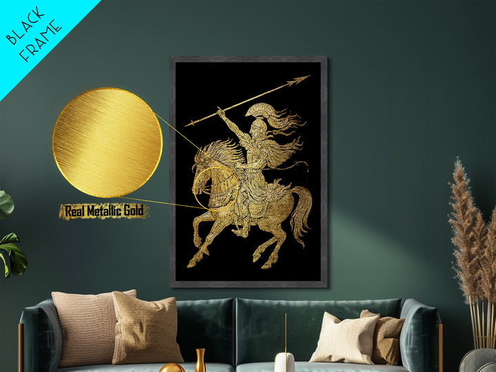 Ancient Warrior on Horseback Metallic Gold Metal Print – Greek Mythology Spear Rider, Real Wood Frame Classical Wall Art