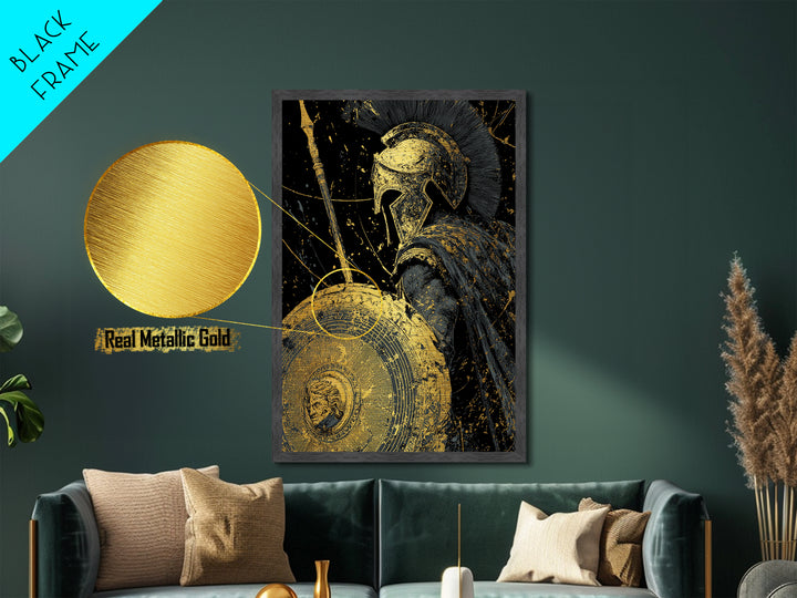 Greek Hoplite Warrior Metallic Gold Art – Spartan Spear and Shield Design, Real Wood Frame Classical Battle Scene Wall Décor