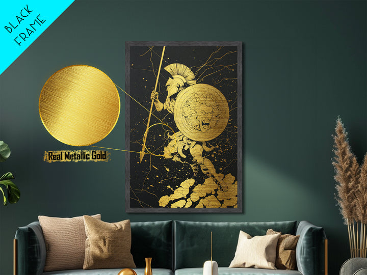 Charging Hoplite Warrior Metallic Gold Art – Greek Spear and Lion Shield Battle Pose, Real Wood Frame Ancient Warrior Wall Art