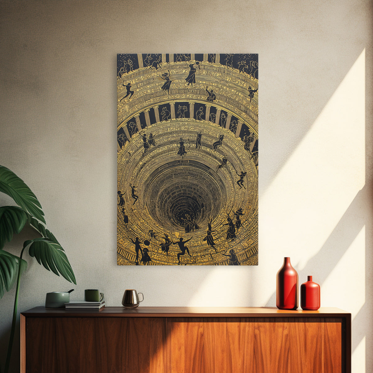 Mythic Underworld Descent Canvas Gold Art – Spiraling Figures in Ancient Pit Design, Real Wood Frame Fantasy Wall Décor