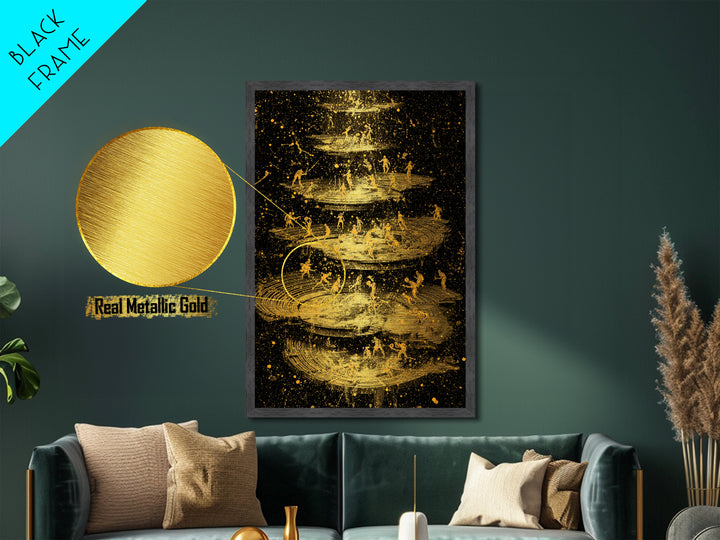Celestial Battle Layers Metallic Gold Metal Print – Mythological Figures Across Cosmic Rings, Real Wood Frame Fantasy Art