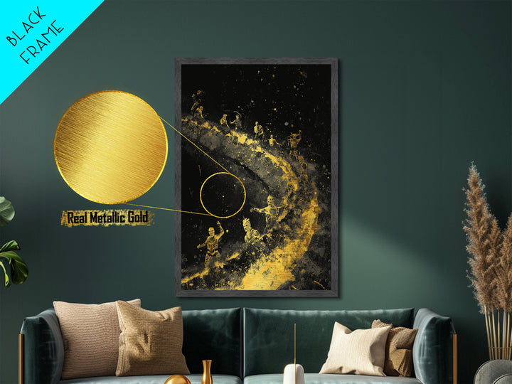 Warriors on Golden Path Metallic Gold Art – Surreal Spiral Battle Scene, Real Wood Frame Mythology Inspired Wall Décor
