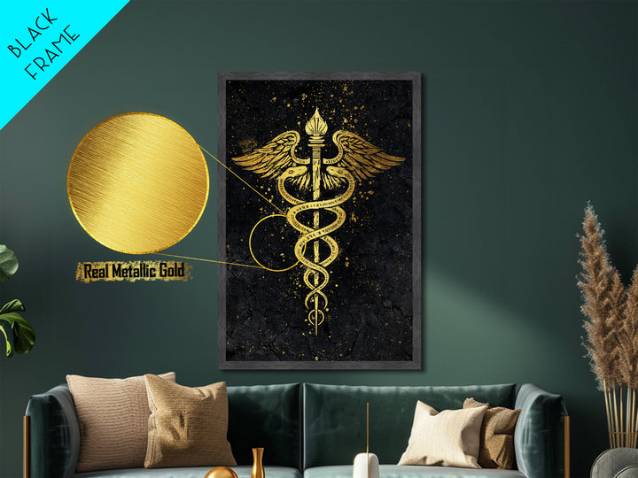 Caduceus Symbol Wall Art, Serpent And Wings Medical Symbol Artwork, Metallic Gold Metal Print, Real Wood Frame Decor