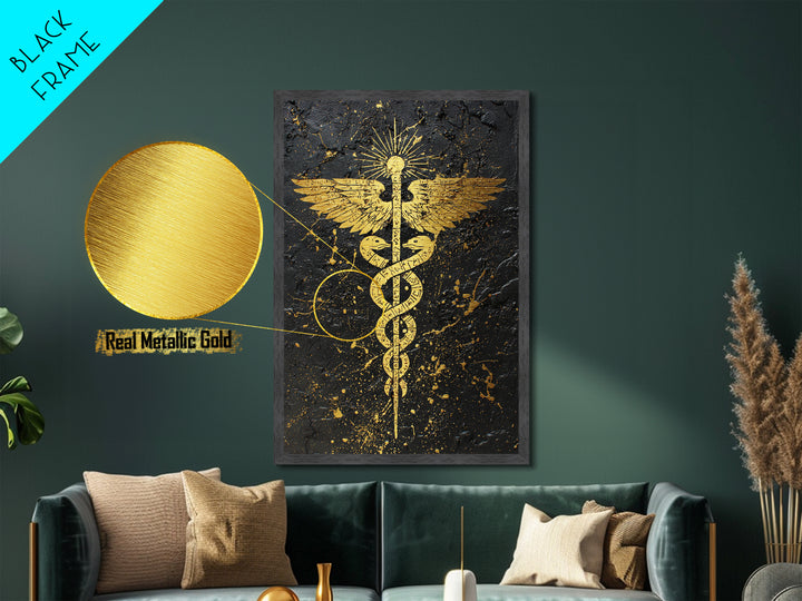 Ancient Caduceus Symbol Art, Golden Serpent And Staff Artwork, Metallic Gold Metal Print, Real Wood Frame Wall Decor