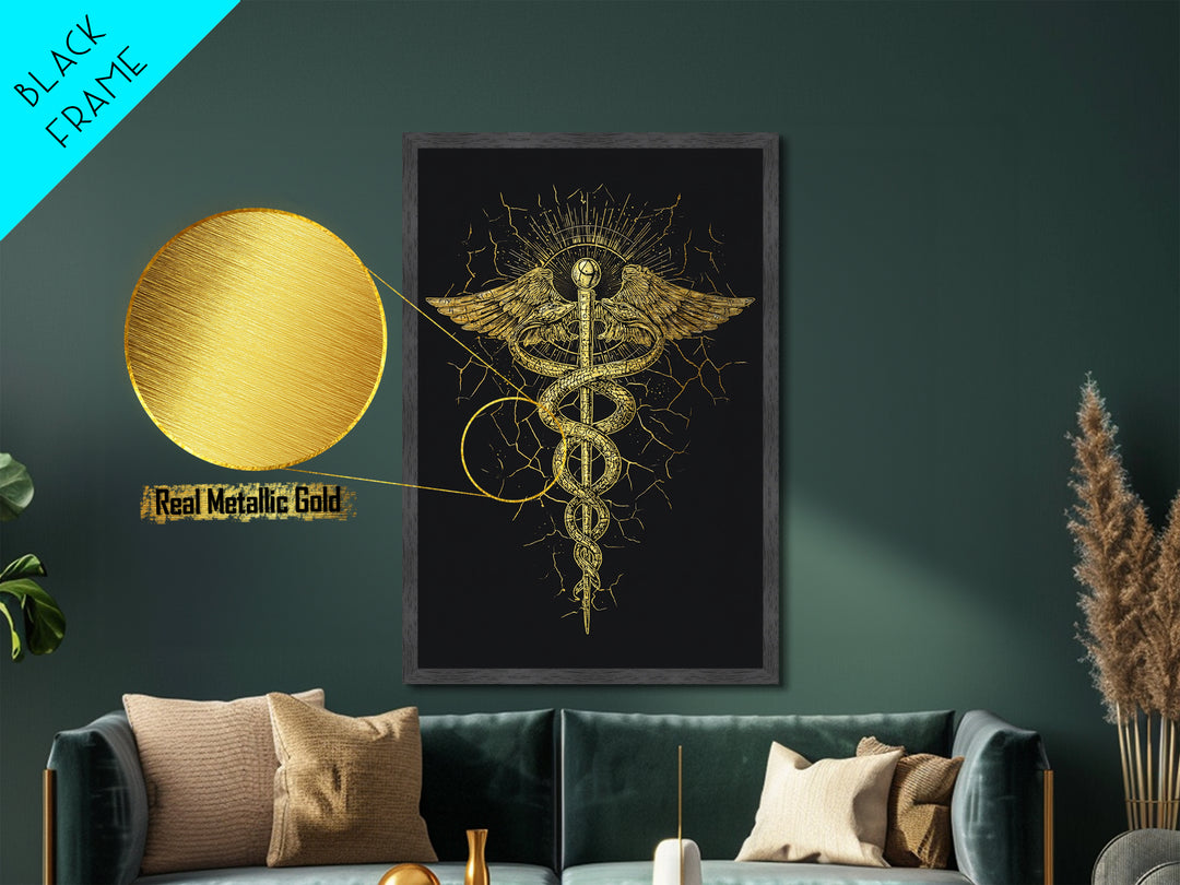 Caduceus Medical Symbol Wall Art, Serpent And Wings Ancient Staff Artwork, Metallic Gold Metal Print, Real Wood Frame