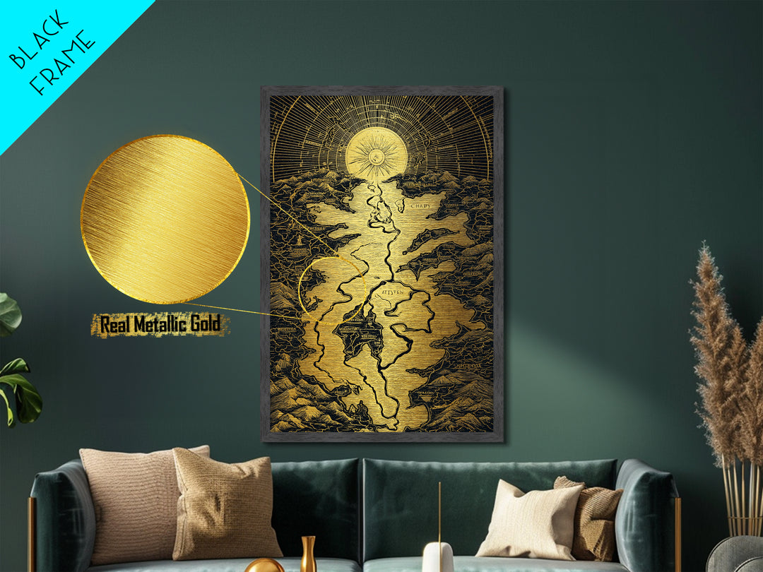 Celestial Map Artwork, Mythical Golden Sun And River Wall Art, Metallic Gold Metal Print, Real Wood Frame, Ancient Inspired Decor