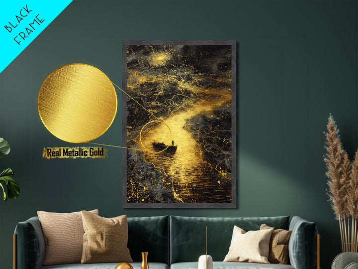 Mythical Boat Journey Artwork, Celestial Golden Map Wall Art, Metallic Gold Metal Print, Real Wood Frame, Mystical Decor