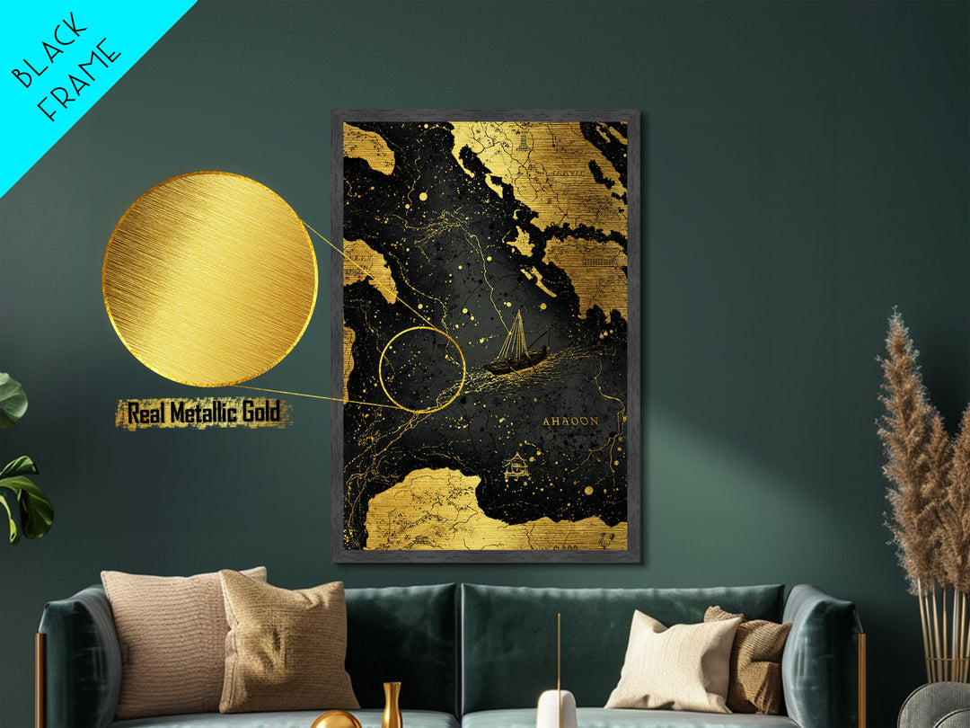 Golden Voyage Map Artwork, Ancient Nautical Journey Wall Art, Metallic Gold Metal Print, Real Wood Frame, Mythical Decor