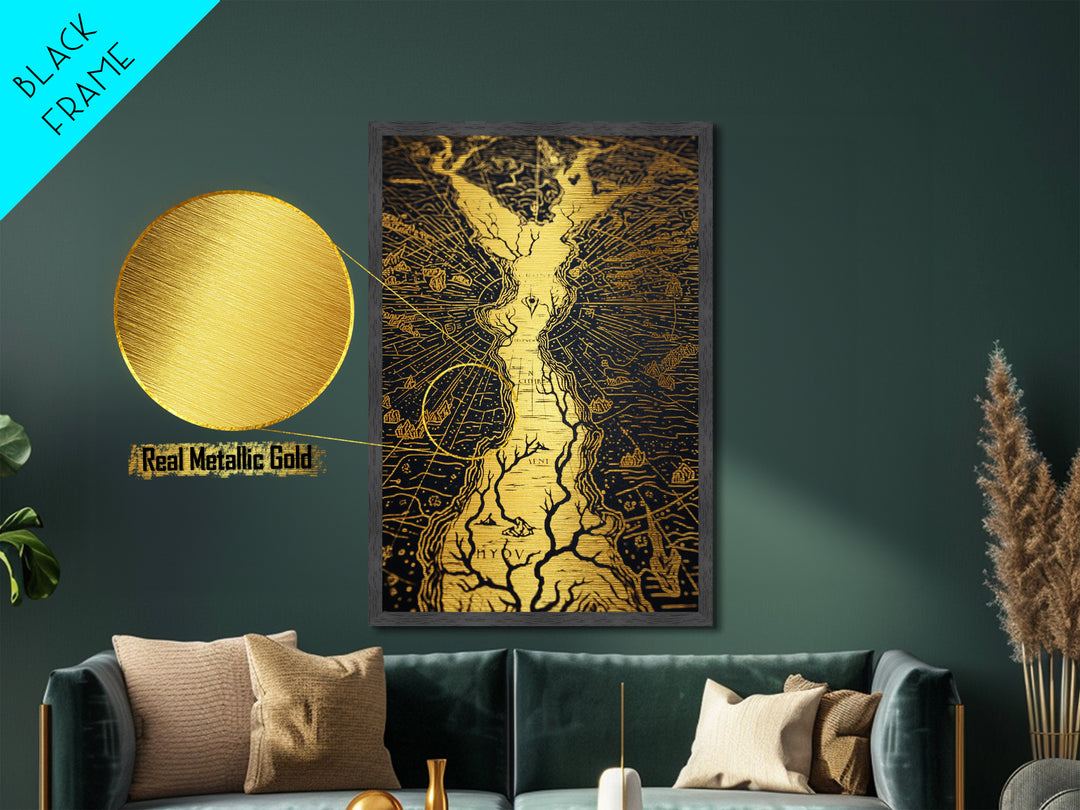 Ancient River Map Artwork, Mythical Golden Waterways Wall Art, Metallic Gold Metal Print, Real Wood Frame, Esoteric Decor