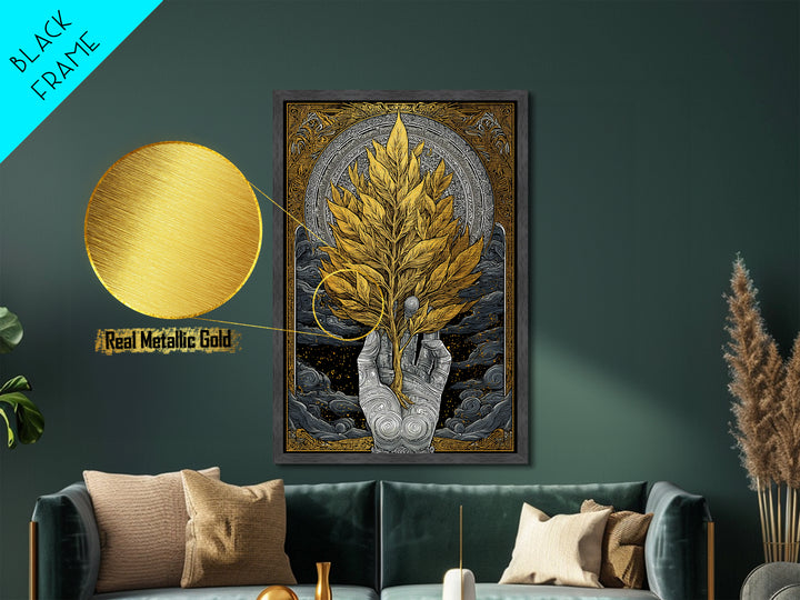 Hand With Golden Leaves Artwork, Mythical Nature Symbol Wall Art, Metallic Gold Metal Print, Real Wood Frame, Sacred Decor
