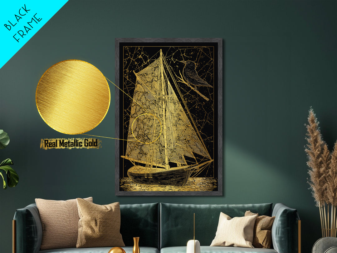 Golden Sailboat Artwork, Mythical Nautical Journey Wall Art, Metallic Gold Metal Print, Real Wood Frame, Celestial Decor