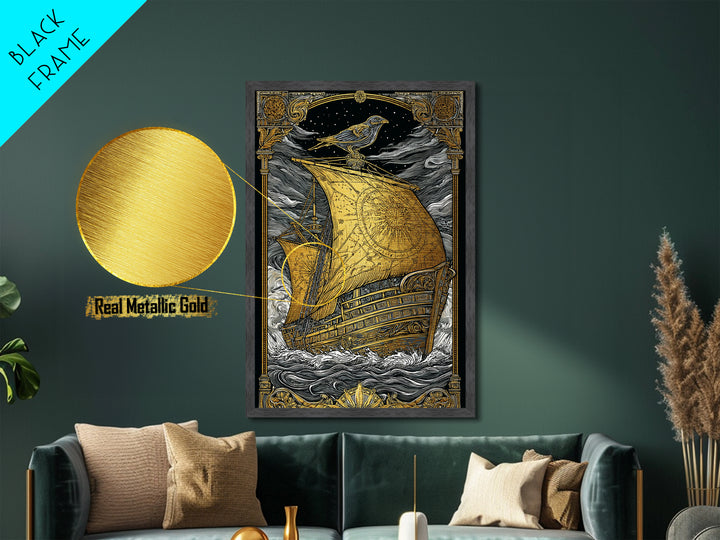Ancient Ship Artwork, Nautical Journey With Bird Symbol Wall Art, Mythical Celestial Voyage, Metallic Gold Metal Print, Real Wood Frame