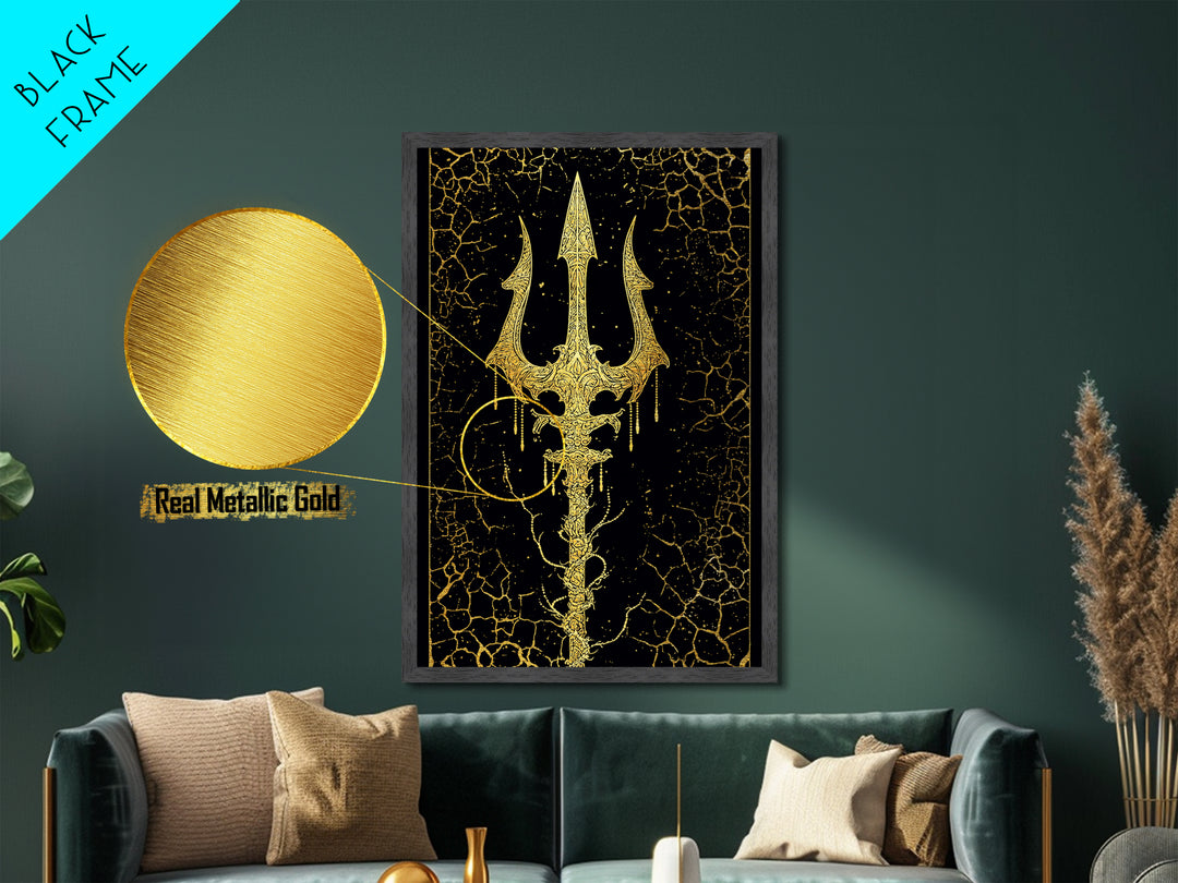 Ornate Trident Artwork, Mystical Sea God Weapon Symbol Wall Art, Ancient Nautical Decor, Mythical Design, Metallic Gold Metal Print, Real Wood Frame