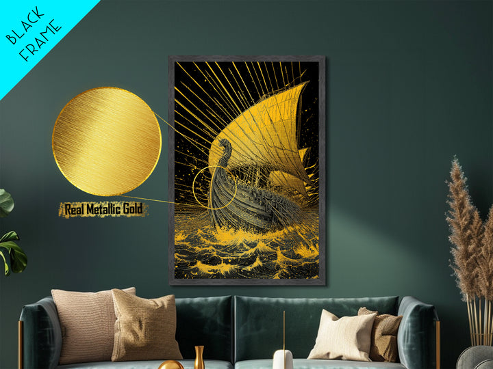 Metallic Gold Metal Print, Ancient Greek Ship Wall Art, Mythology Ocean Decor, Real Wood Frame, Historic Maritime Artwork