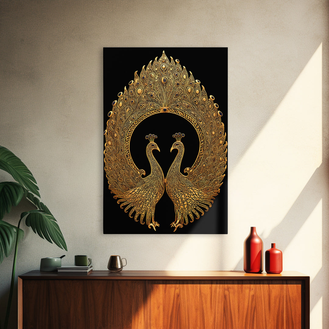 Canvas Gold Canvas Print, Ornate Peacock Wall Art, Mythology Inspired Decor, Real Wood Frame, Decorative Royal Artwork