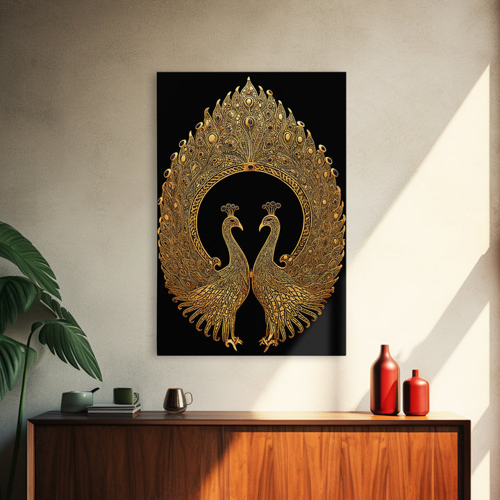 Canvas Gold Canvas Print, Ornate Peacock Wall Art, Mythology Inspired Decor, Real Wood Frame, Decorative Royal Artwork