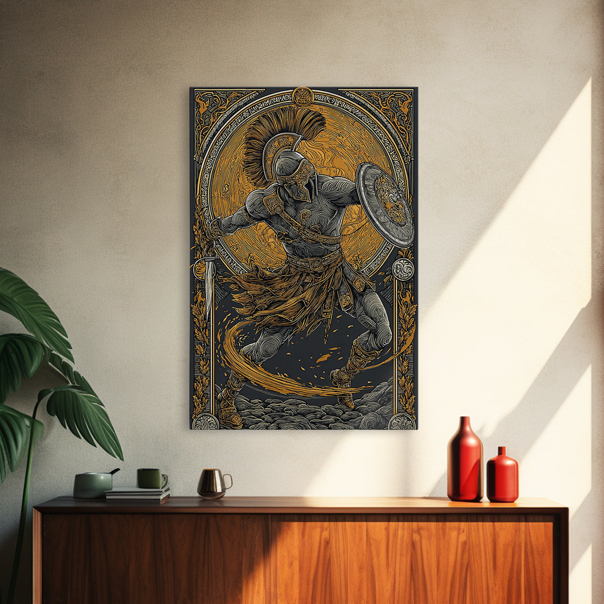 Canvas Gold Art, Spartan Warrior Wall Print, Mythology Inspired Decor, Real Wood Frame, Ancient Greek Hero Artwork