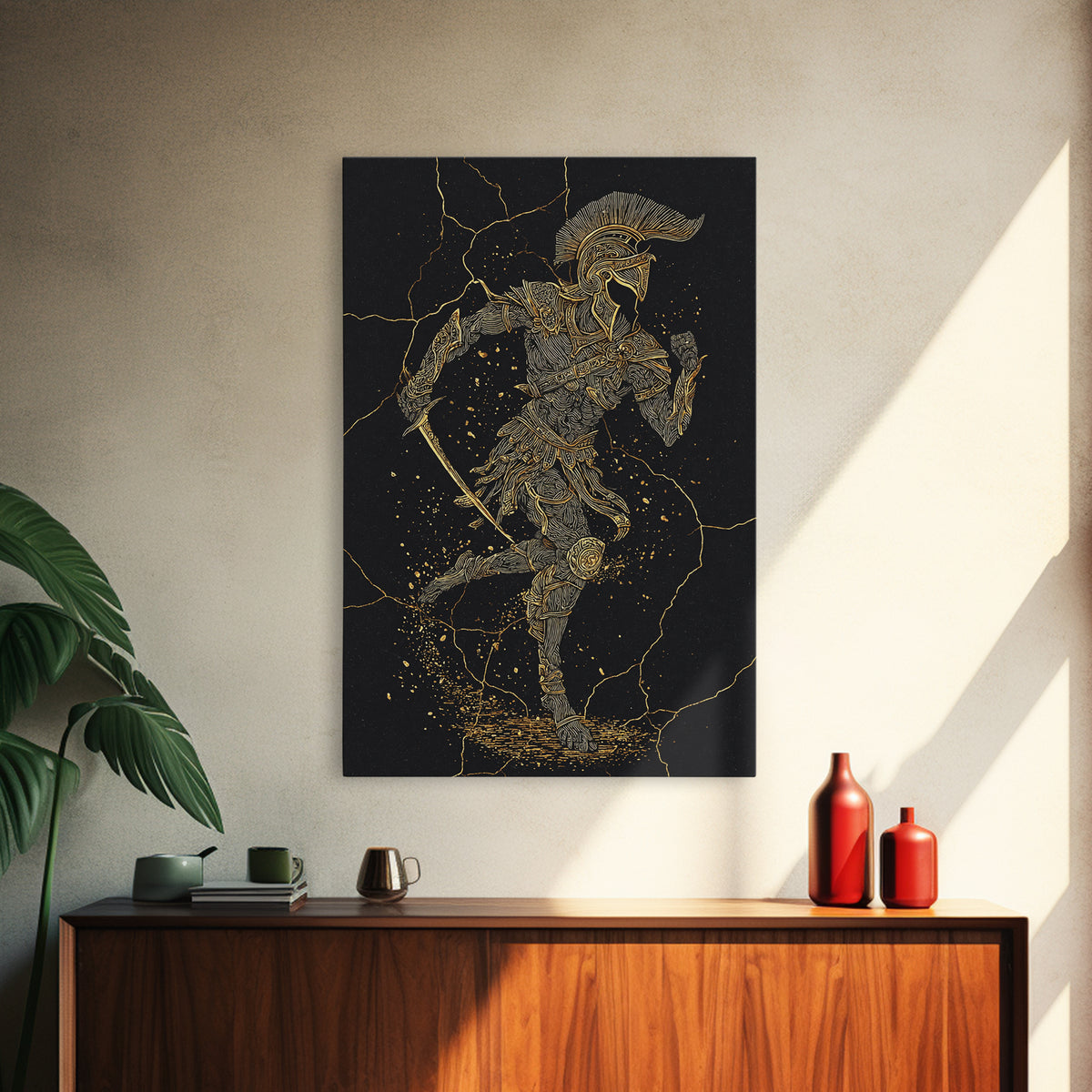 Canvas Gold Canvas Print, Spartan Runner Wall Art, Mythology Warrior Decor, Real Wood Frame, Ancient Greek Hero Artwork