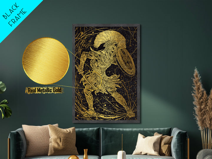 Metallic Gold Art, Ancient Greek Warrior With Shield, Mythology Inspired Wall Decor, Real Wood Frame, Heroic Battle Artwork
