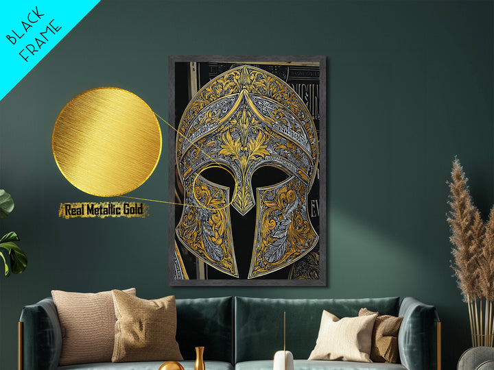 Antique Spartan Helmet with Mythical Inscriptions – Metallic Gold Art, Real Wood Framed Metal Art, Aged Warrior Helmet Wall Art
