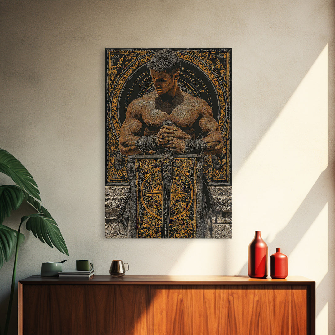 Roman Warrior With Ornate Shield, Canvas Gold Canvas Print, Mythology Wall Art, Gladiator Decor, Real Wood Framed Artwork