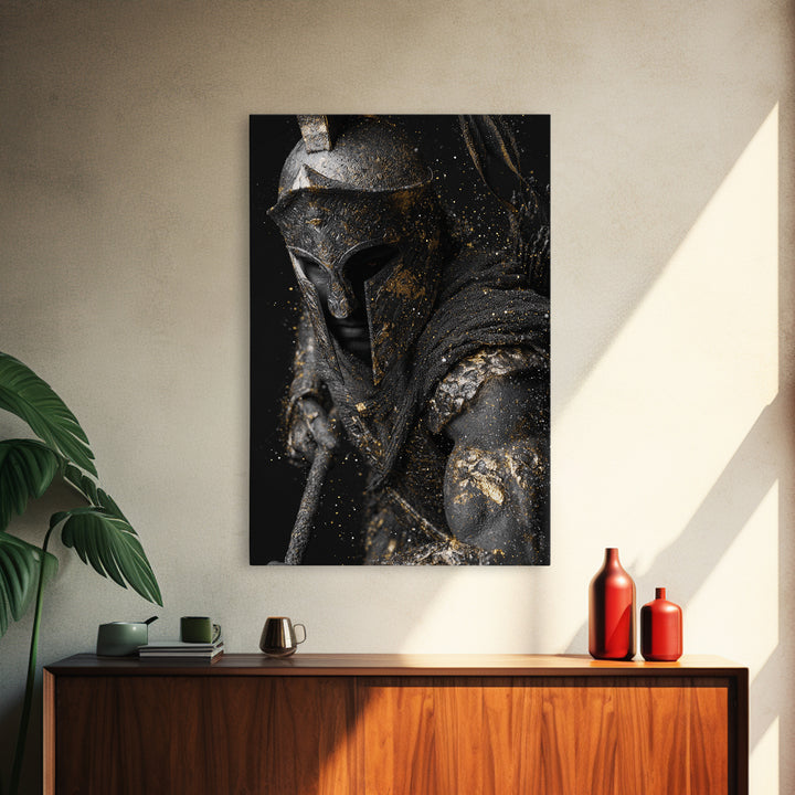 Spartan Warrior Helmet Portrait, Canvas Gold Canvas Print, Greek Soldier Wall Art, Heroic Decor, Real Wood Frame Artwork