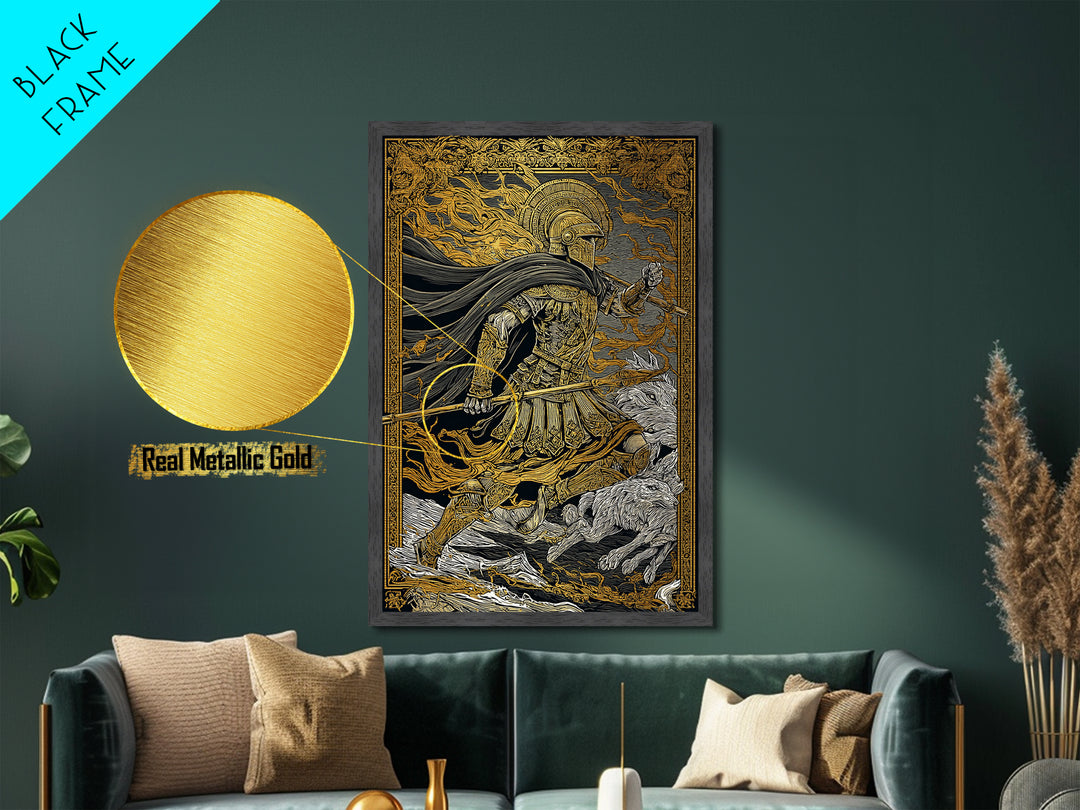 Ancient Warrior With Spear, Metallic Gold Metal Print, Mythology Wall Art, Battle Scene Decor, Real Wood Frame Epic Artwork