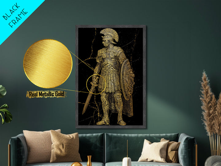 Roman Soldier With Lion Shield, Metallic Gold Metal Print, Gladiator Wall Art, Mythology Decor, Real Wood Frame Artwork