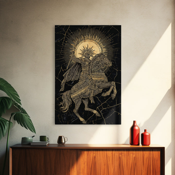 Heroic Warrior On Horseback, Canvas Gold Art, Ancient Soldier Wall Print, Mythology Decor, Real Wood Frame Epic Artwork