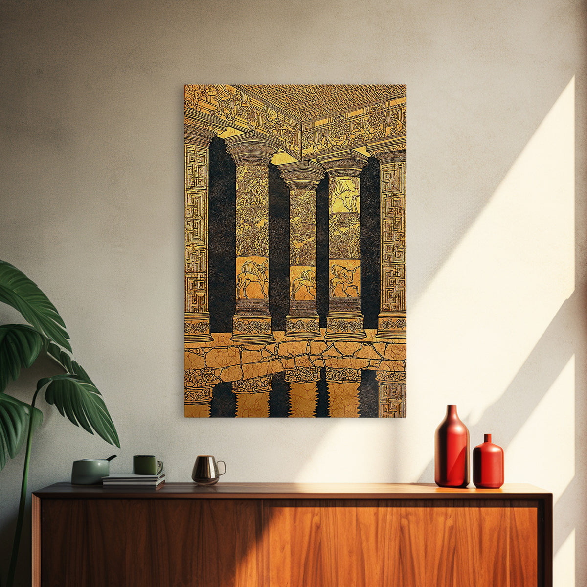 Ancient Greek Temple Columns, Canvas Gold Canvas Print, Classical Architecture Wall Art, Historic Decor, Real Wood Frame Artwork