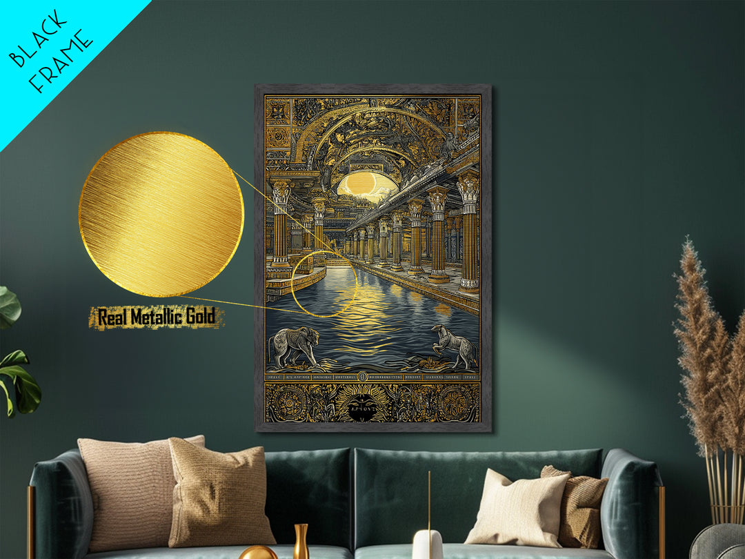 Ancient Temple Columns And Sun, Metallic Gold Metal Print, Mythical Architecture Wall Art, Real Wood Framed Artwork