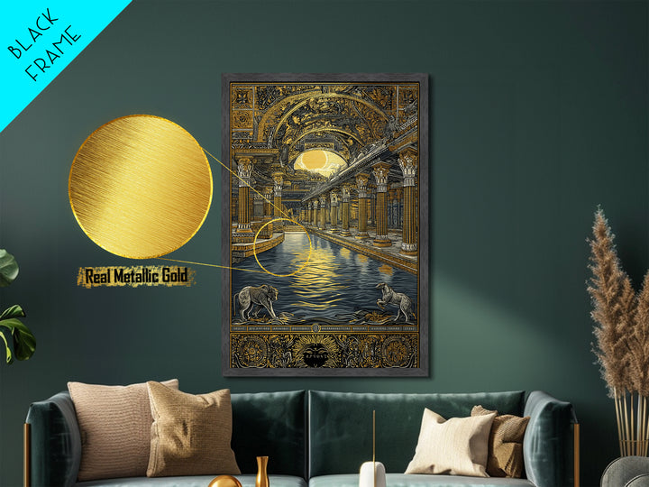 Ancient Temple Columns And Sun, Metallic Gold Metal Print, Mythical Architecture Wall Art, Real Wood Framed Artwork