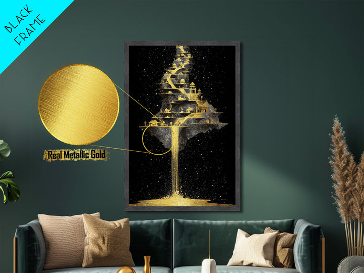 Floating Cosmic City Of Light, Metallic Gold Metal Print, Fantasy Architecture Wall Art, Real Wood Framed Home Decor