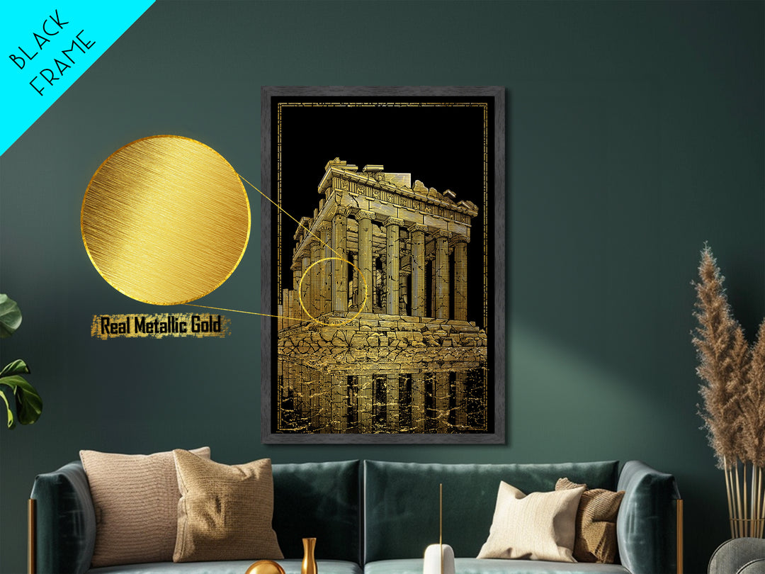 Ancient Ruins On Water Reflection, Metallic Gold Metal Print, Classical Greek Architecture Wall Art, Real Wood Framed Art