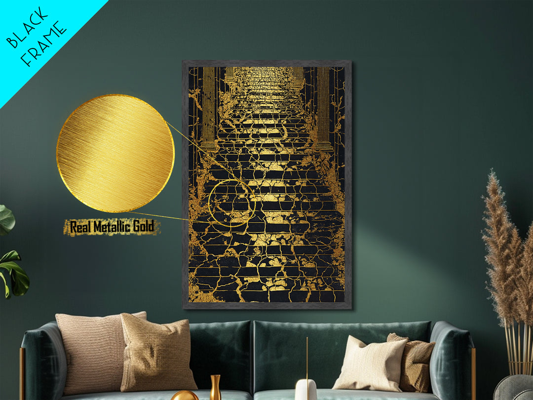 Cracked Marble Golden Stairway, Metallic Gold Art, Mythical Abstract Architecture Artwork, Real Wood Framed Wall Decor