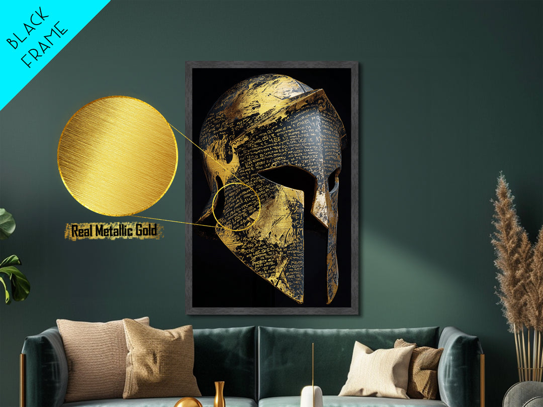 Heavily Ornamented Greek Helmet with Laurel Motif – Metallic Gold Art, Premium Framed Metal Art with Real Wood, Heroic Wall Display