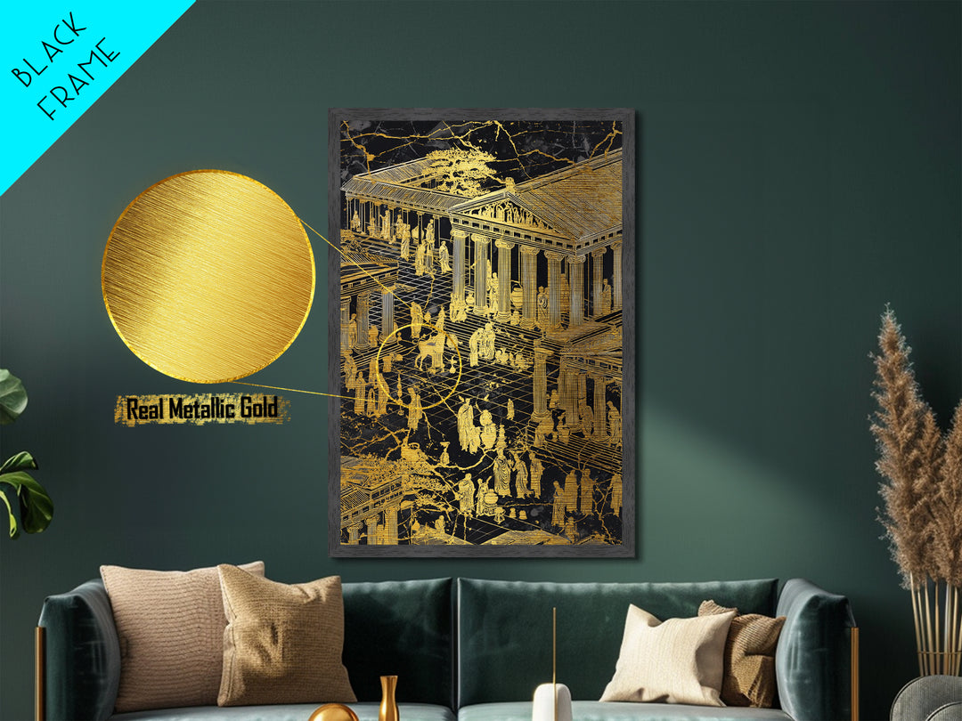 Ancient Marketplace With Temples, Metallic Gold Metal Print, Classical Greek Architecture Wall Art, Real Wood Framed Decor