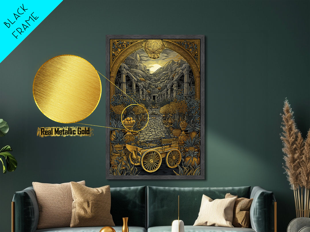 Ancient Courtyard With Columns And Citrus Trees, Metallic Gold Metal Print, Mythical Garden Wall Art, Real Wood Framed Decor