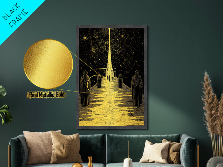 Celestial Path Of Golden Light, Metallic Gold Art, Mystical Night Sky Fantasy Print, Real Wood Framed Wall Artwork