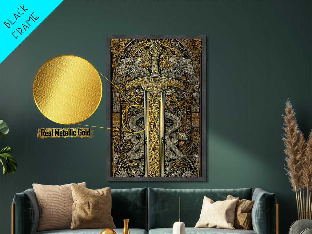 Ornate Sword With Serpents And Wings, Metallic Gold Metal Print, Medieval Fantasy Wall Art, Real Wood Framed Artwork
