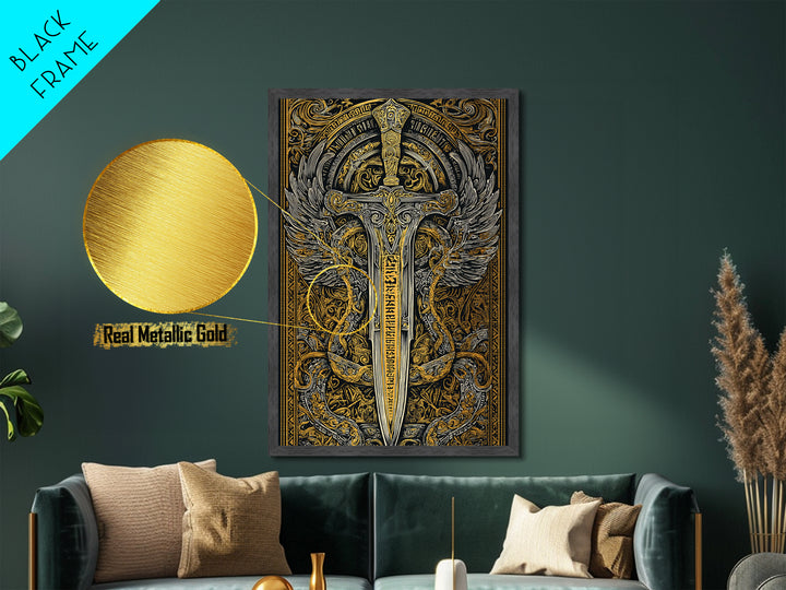 Winged Sword Surrounded By Dragons, Metallic Gold Art, Medieval Fantasy Metal Print, Real Wood Framed Mythical Decor
