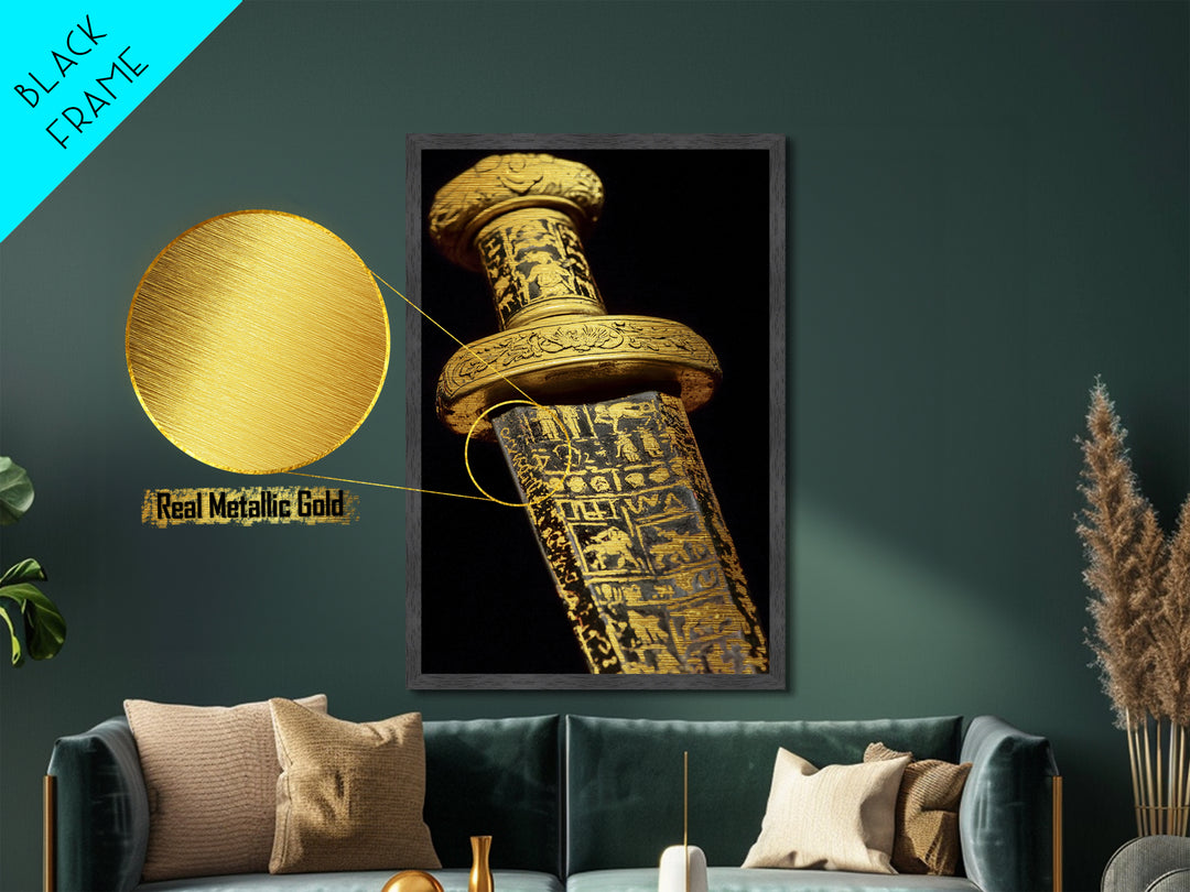 Ancient Sword With Etched Symbols, Metallic Gold Metal Print, Mystical Weaponry Wall Art, Real Wood Framed Artwork