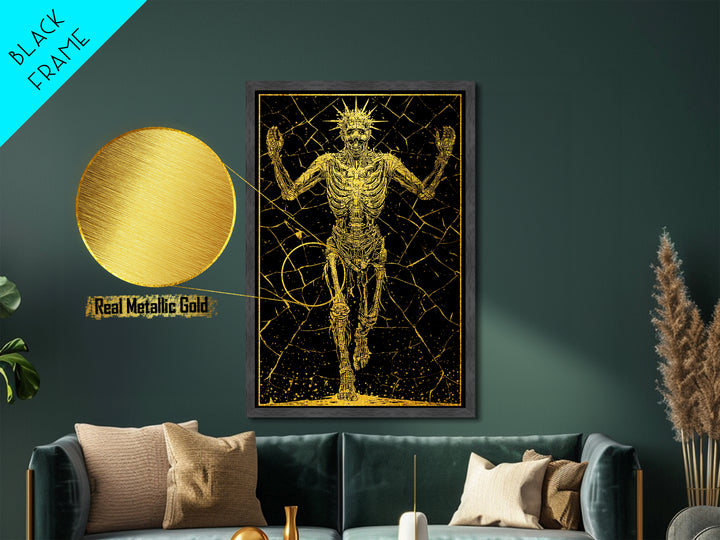 Golden Skeleton With Radiant Crown, Metallic Gold Art, Mythical Dark Fantasy Wall Print, Real Wood Framed Decor