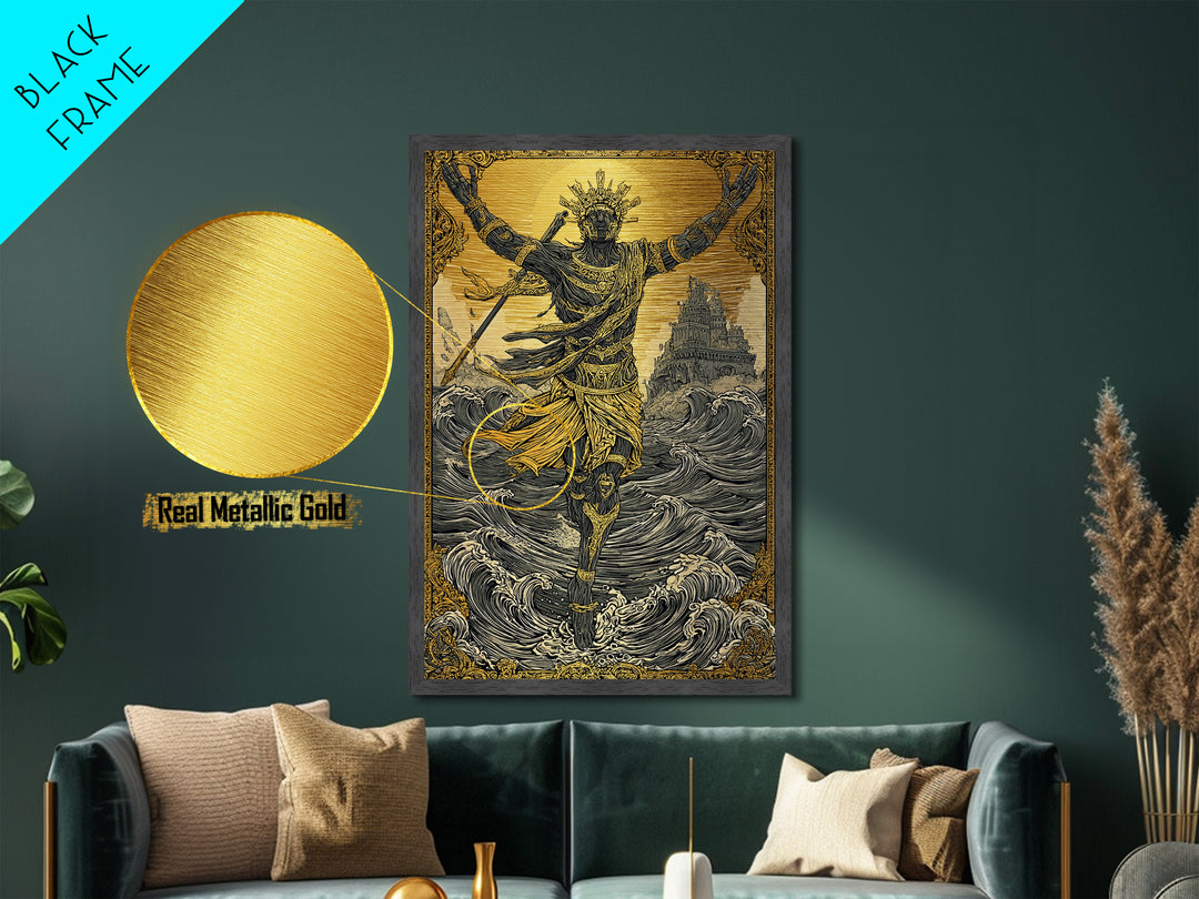 Sea God Statue Rising From Waves, Metallic Gold Metal Print, Mythical Ocean Fantasy Wall Art, Real Wood Framed Decor