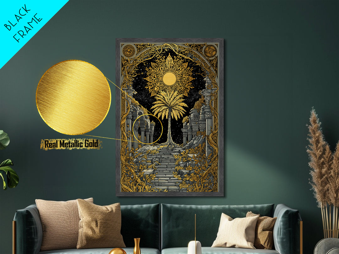 Golden Sun And Palm Metallic Gold Metal Print, Mythical Ruins Wall Art, Real Wood Frame Ancient Greece Decor