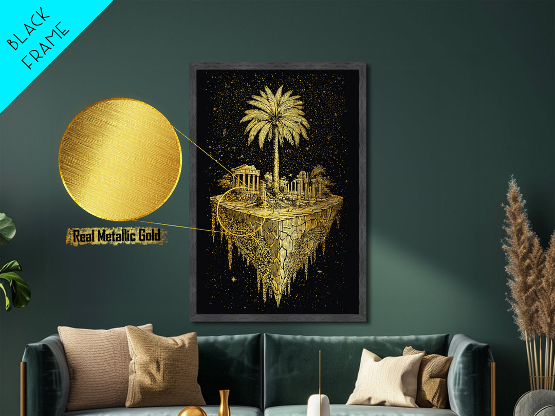 Floating Island Ruins Metallic Gold Art, Ancient Greek Temple Metal Print, Real Wood Frame Mythology Decor