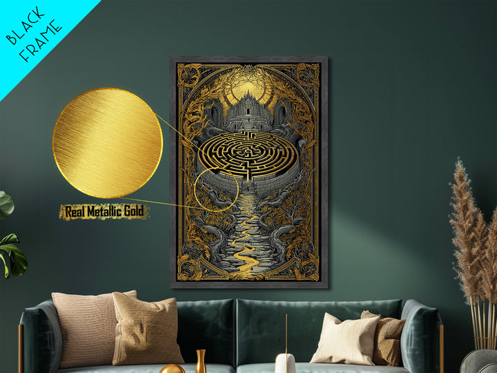 Labyrinth Path Metallic Gold Metal Print, Ancient Maze Wall Art, Real Wood Frame Mythology Inspired Decor