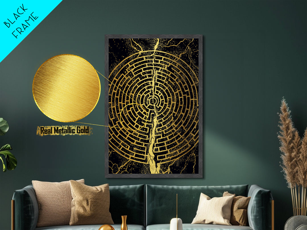 Circular Labyrinth Metallic Gold Art, Ancient Greek Maze Metal Print, Real Wood Frame Mythology Wall Decor
