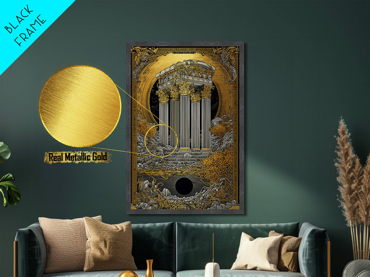 Ancient Greek Columns Metallic Gold Art, Ruins Wall Decor Metal Print, Real Wood Frame Classical Architecture